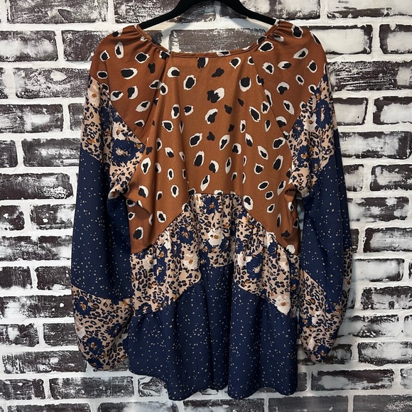 Hailey & Co Boho Eclectic Peasant Top Balloon Sleeve Navy Brown Mixed Print Sz M - Picture 4 of 8
